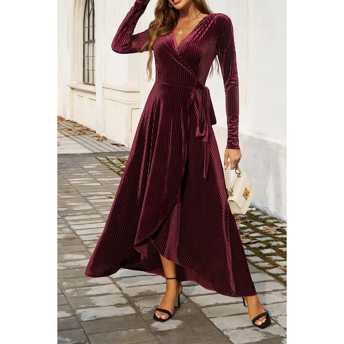 V Neck High Waist Slit Strap Velvet Midi Dress