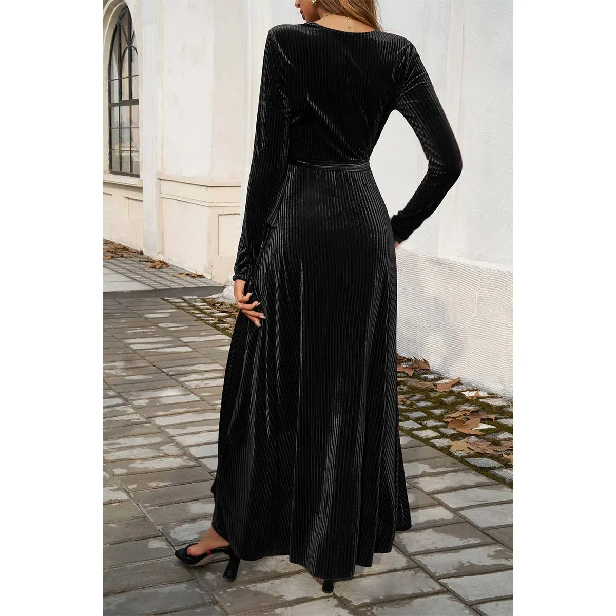 V Neck High Waist Slit Strap Velvet Midi Dress