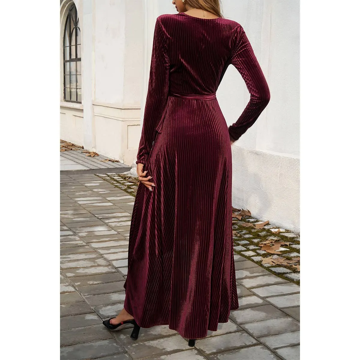 V Neck High Waist Slit Strap Velvet Midi Dress