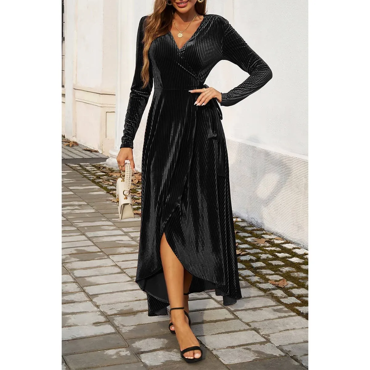 V Neck High Waist Slit Strap Velvet Midi Dress