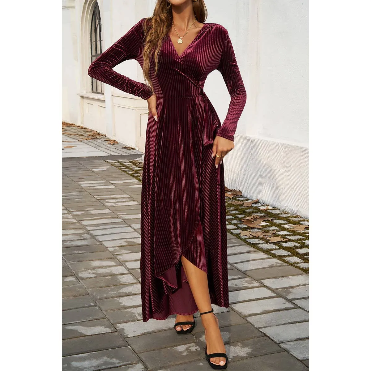 V Neck High Waist Slit Strap Velvet Midi Dress