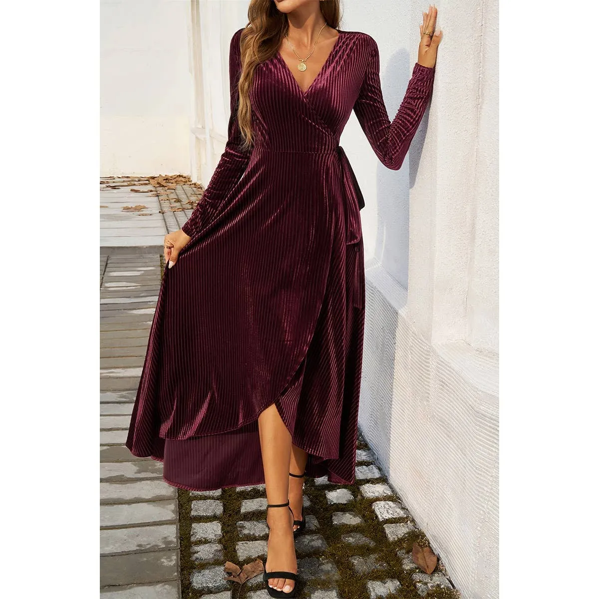 V Neck High Waist Slit Strap Velvet Midi Dress