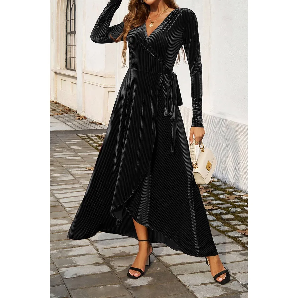 V Neck High Waist Slit Strap Velvet Midi Dress