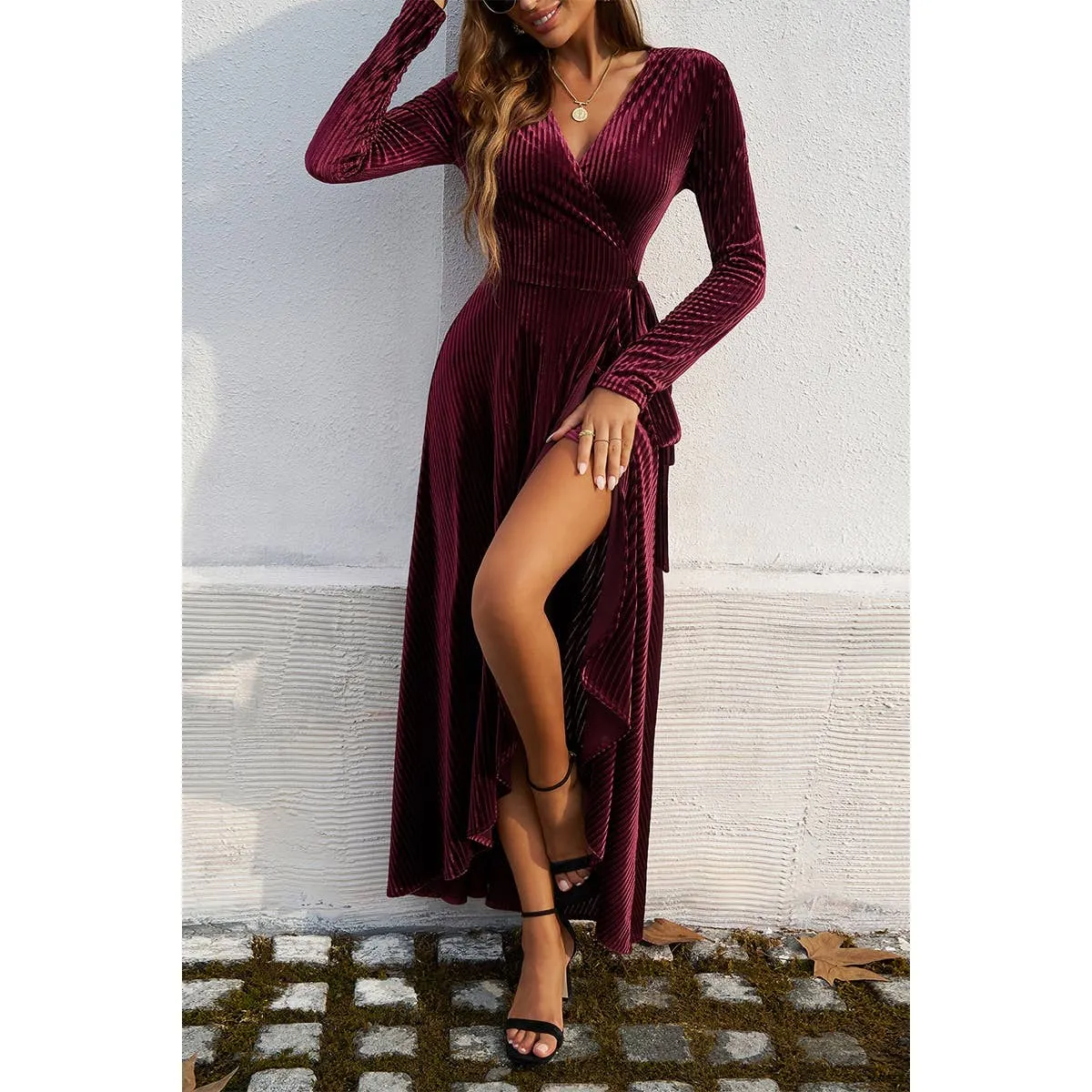 V Neck High Waist Slit Strap Velvet Midi Dress