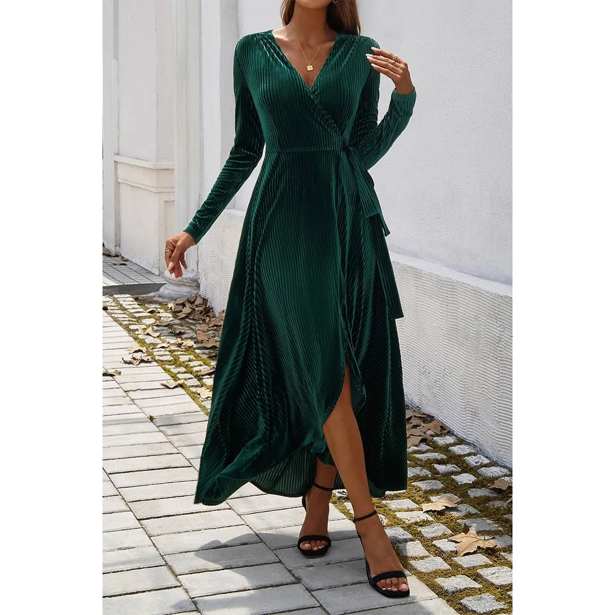 V Neck High Waist Slit Strap Velvet Midi Dress