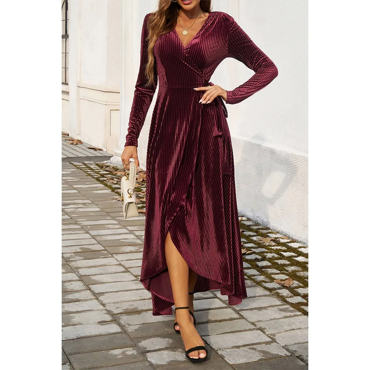 V Neck High Waist Slit Strap Velvet Midi Dress