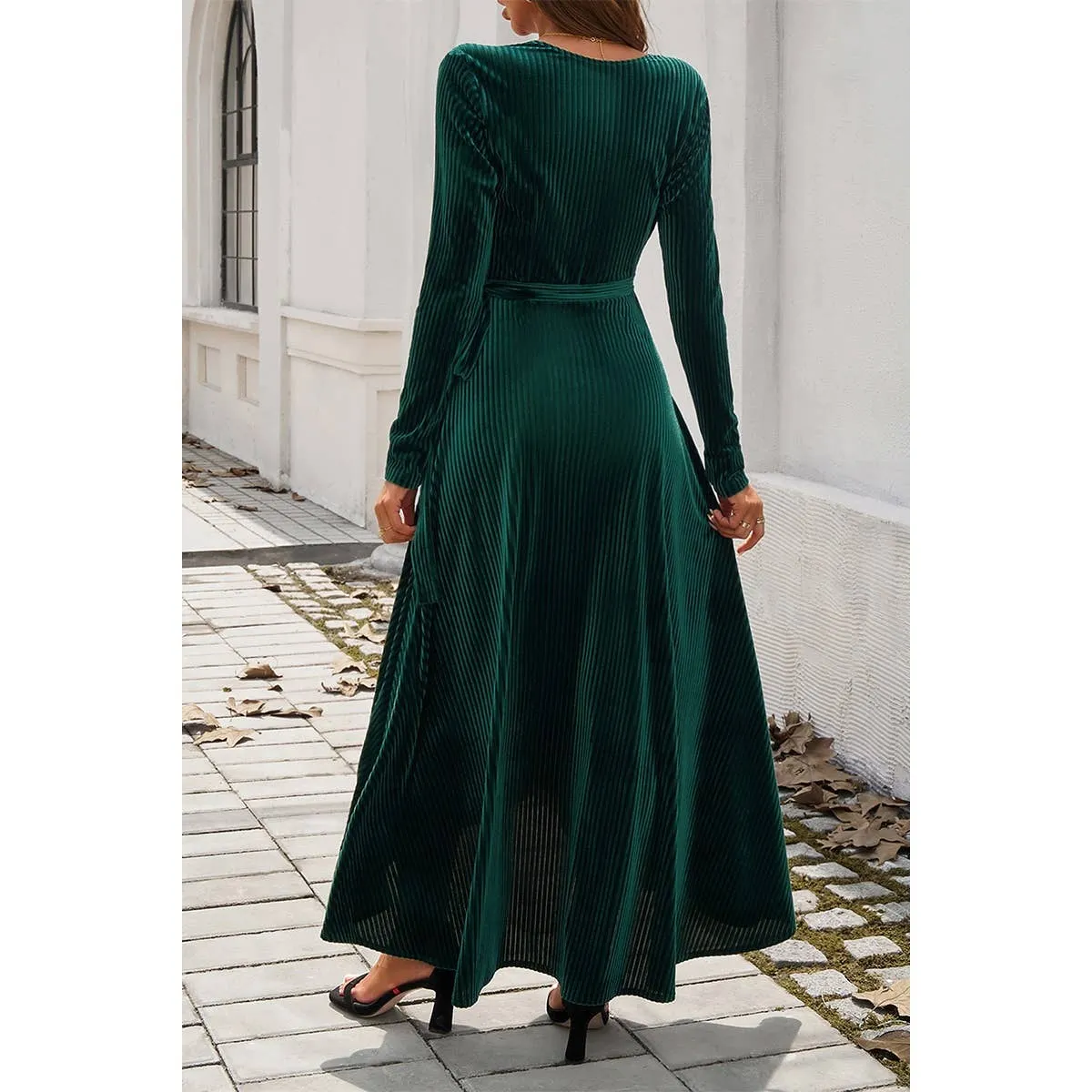 V Neck High Waist Slit Strap Velvet Midi Dress