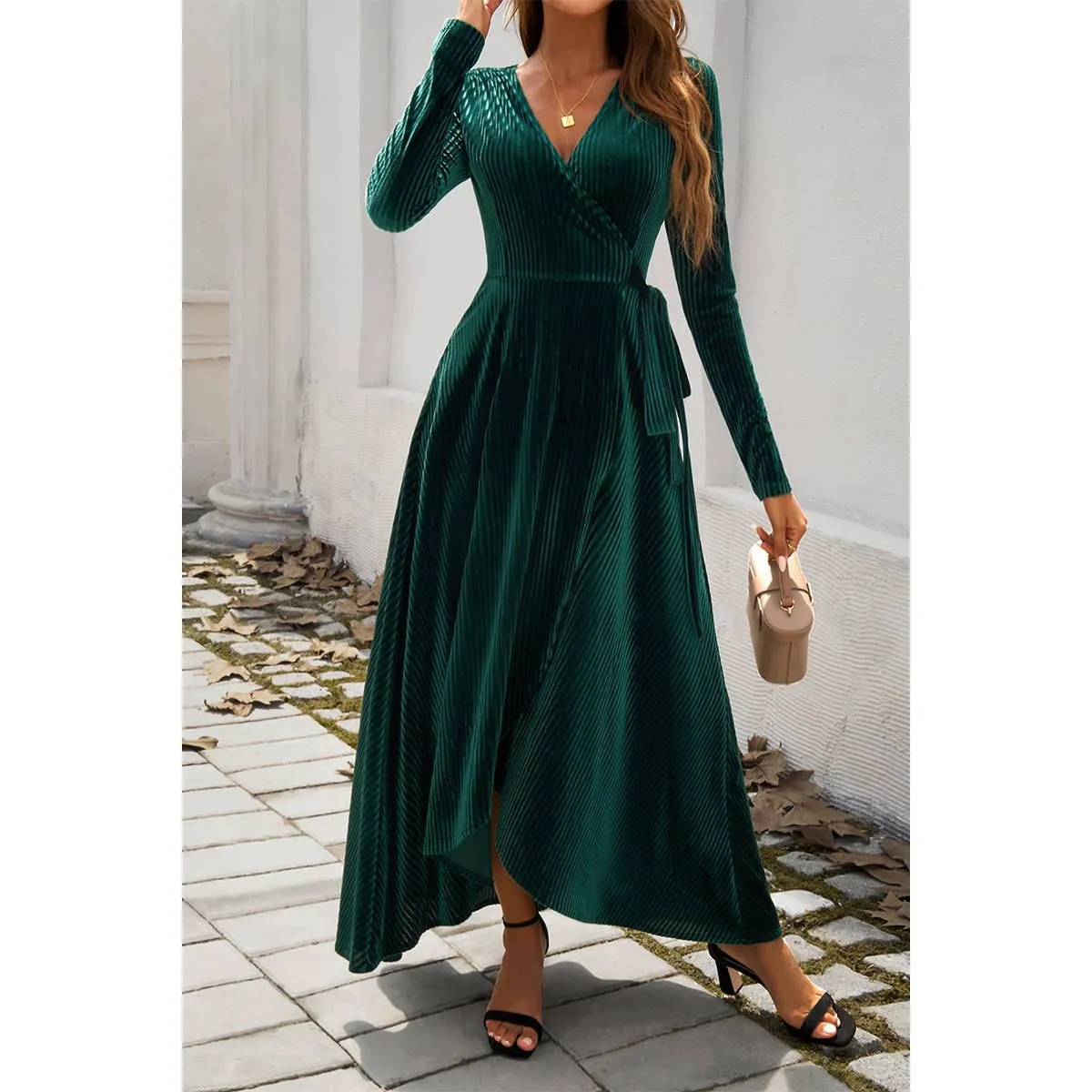 V Neck High Waist Slit Strap Velvet Midi Dress