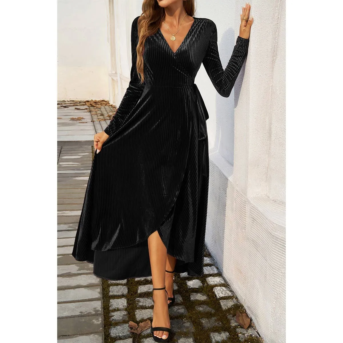 V Neck High Waist Slit Strap Velvet Midi Dress