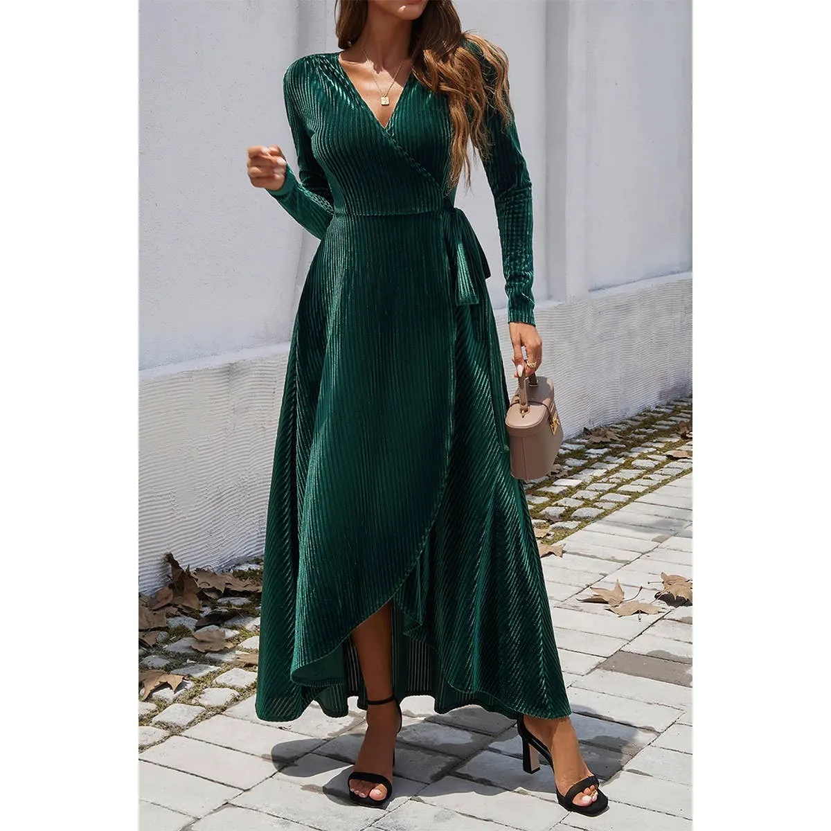 V Neck High Waist Slit Strap Velvet Midi Dress
