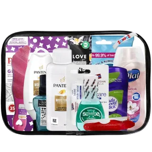 Valentine's Day Womens Travel Toiletry Kit, 10 Travel-Size Hygiene Essentials for Bath, Shaving, Personal Care in TSA-Compliant Transparent Bag, Mini Toiletries Kit for Business, Charity, Womens Gift