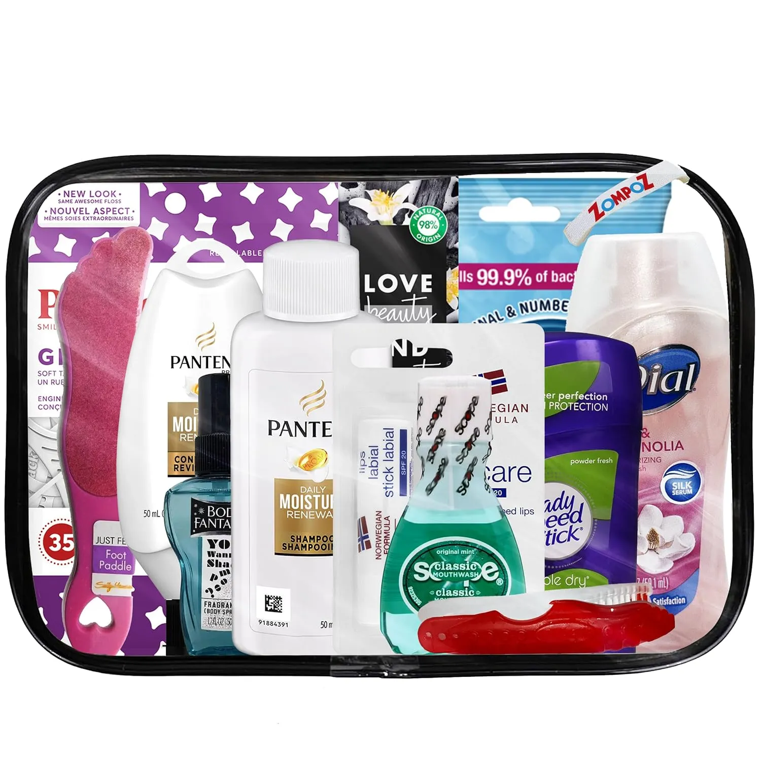 Valentine's Day Womens Travel Toiletry Kit, 10 Travel-Size Hygiene Essentials for Bath, Shaving, Personal Care in TSA-Compliant Transparent Bag, Mini Toiletries Kit for Business, Charity, Womens Gift