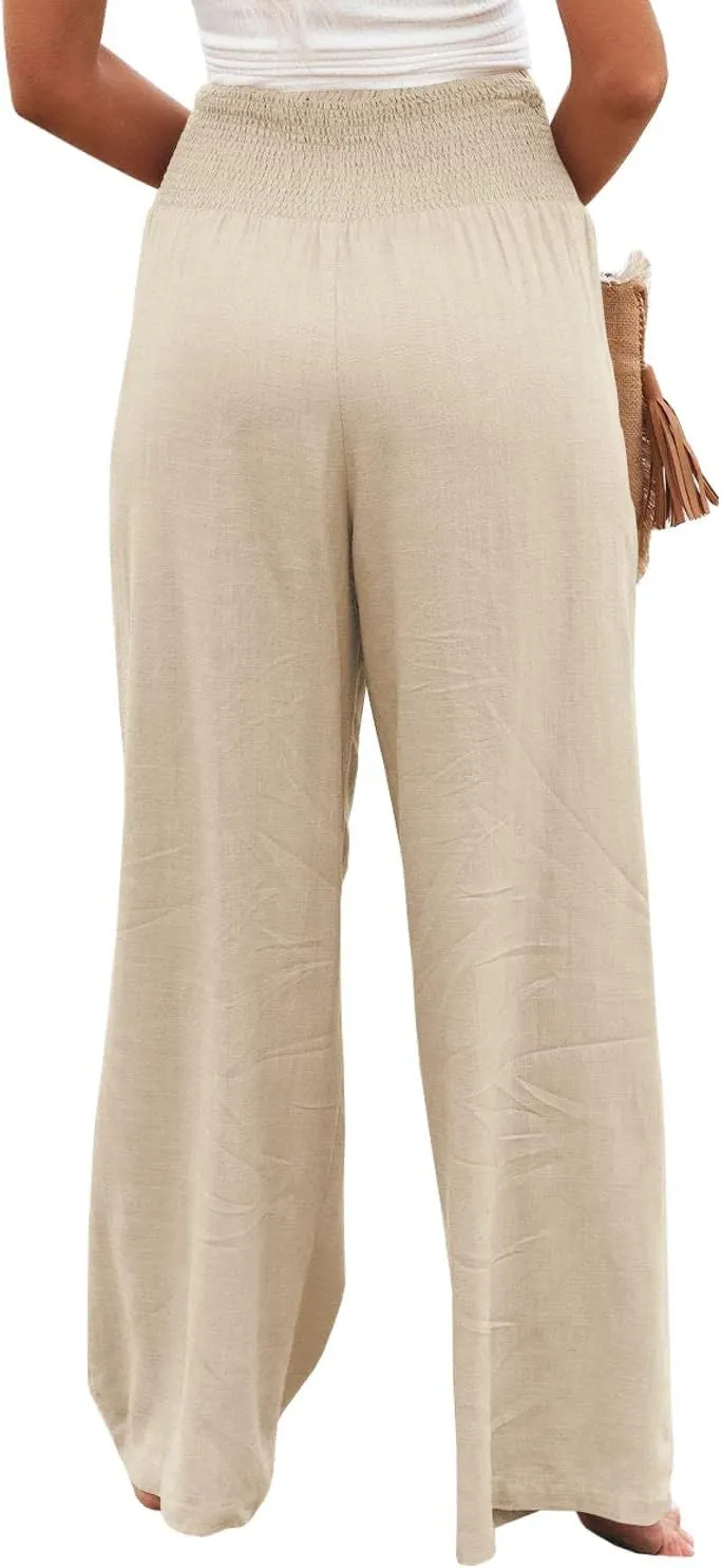 Vansha Women Summer High Waisted Cotton Linen Palazzo Pants Wide Leg Long Lounge Pant Trousers with Pocket