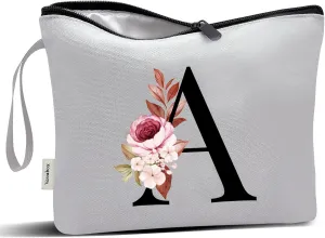 Vavabox A-Z Personalized Makeup Bag, Birthday Gifts for Women Mom, Gifts for Best Friend, Bride Bridesmaid Cosmetic bag (A, Grey)