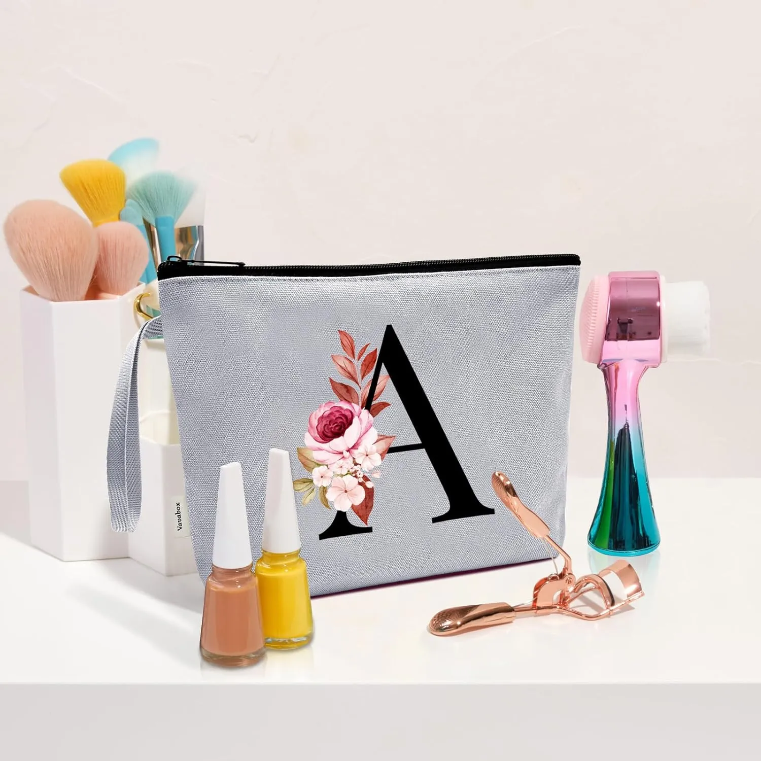 Vavabox A-Z Personalized Makeup Bag, Birthday Gifts for Women Mom, Gifts for Best Friend, Bride Bridesmaid Cosmetic bag (A, Grey)