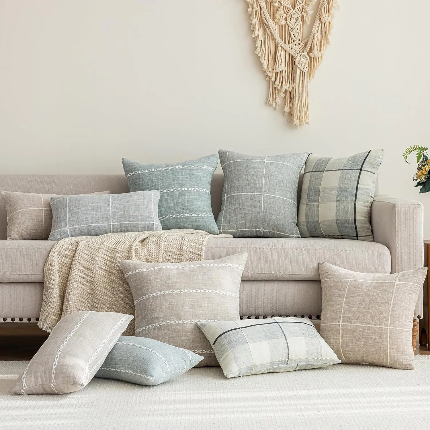 vctops Rustic Lattice Cotton Linen Decorative Throw Pillow Cover Embroidery Square Cushion Cover Pillowcase for Sofa Bedroom Couch (Plaid Grey, 24"x24")