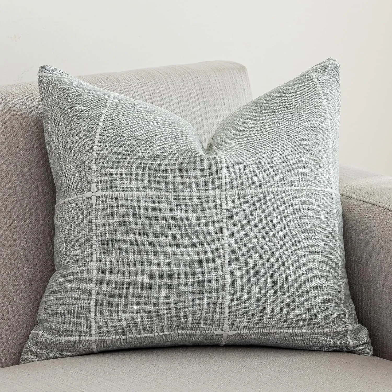 vctops Rustic Lattice Cotton Linen Decorative Throw Pillow Cover Embroidery Square Cushion Cover Pillowcase for Sofa Bedroom Couch (Plaid Grey, 24"x24")