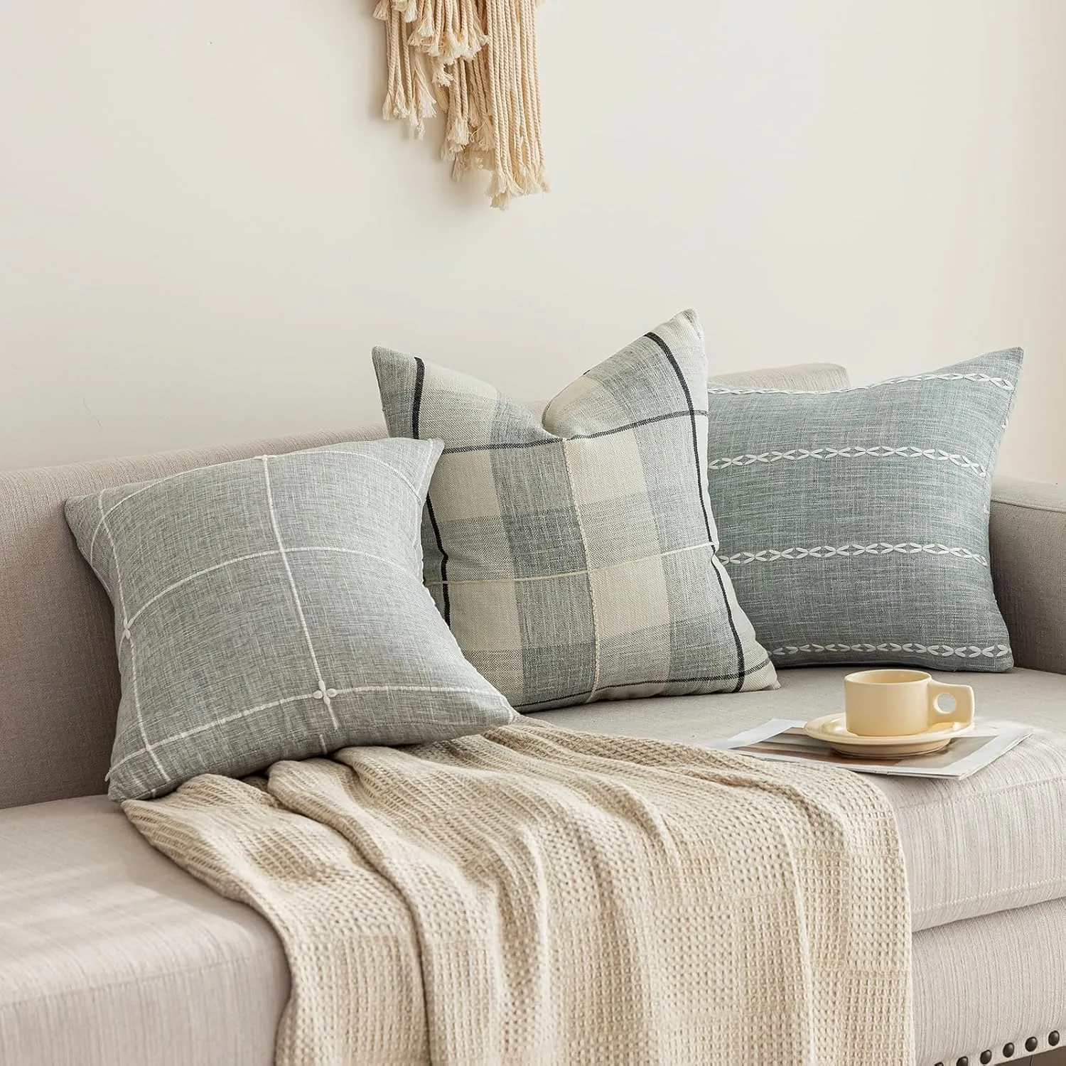 vctops Rustic Lattice Cotton Linen Decorative Throw Pillow Cover Embroidery Square Cushion Cover Pillowcase for Sofa Bedroom Couch (Plaid Grey, 24"x24")