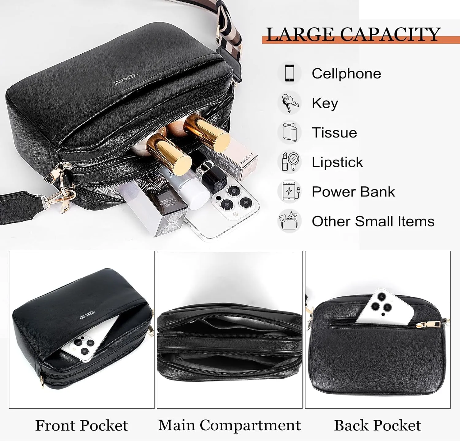 Vegan Leather Women's Crossbody Bag, Shoulder Purse with Wide Strap & Multi-Compartment Design for Daily & Travel