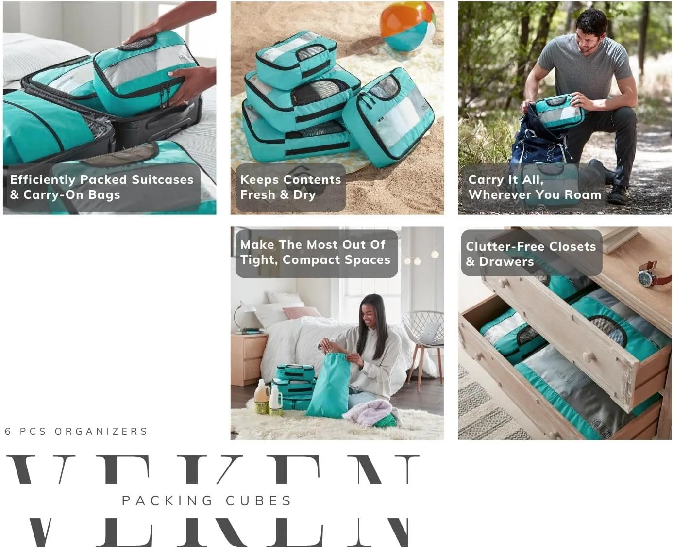 Veken 6 Set Packing Cubes for Travel Essentials, Suitcase Organizer Bags Set for Luggage, Road Trip Travel Accessories in 4 Sizes (Extra Large, Large, Medium, Small)