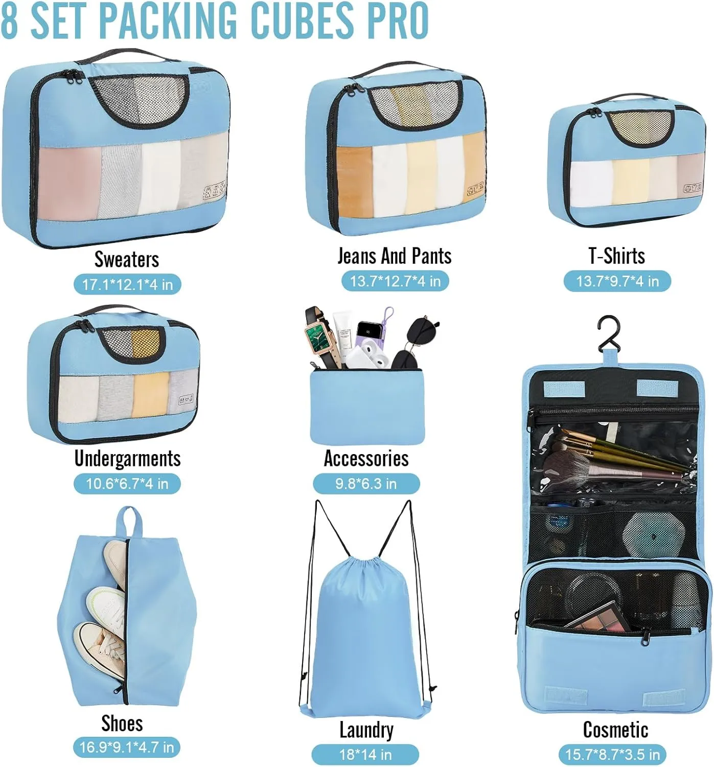 Veken 8 Set Packing Cubes for Travel Essentials, Suitcase Organizer Bags Set for Luggage, Road Trip Travel Accessories in 4 Sizes (Extra Large, Large, Medium, Small)