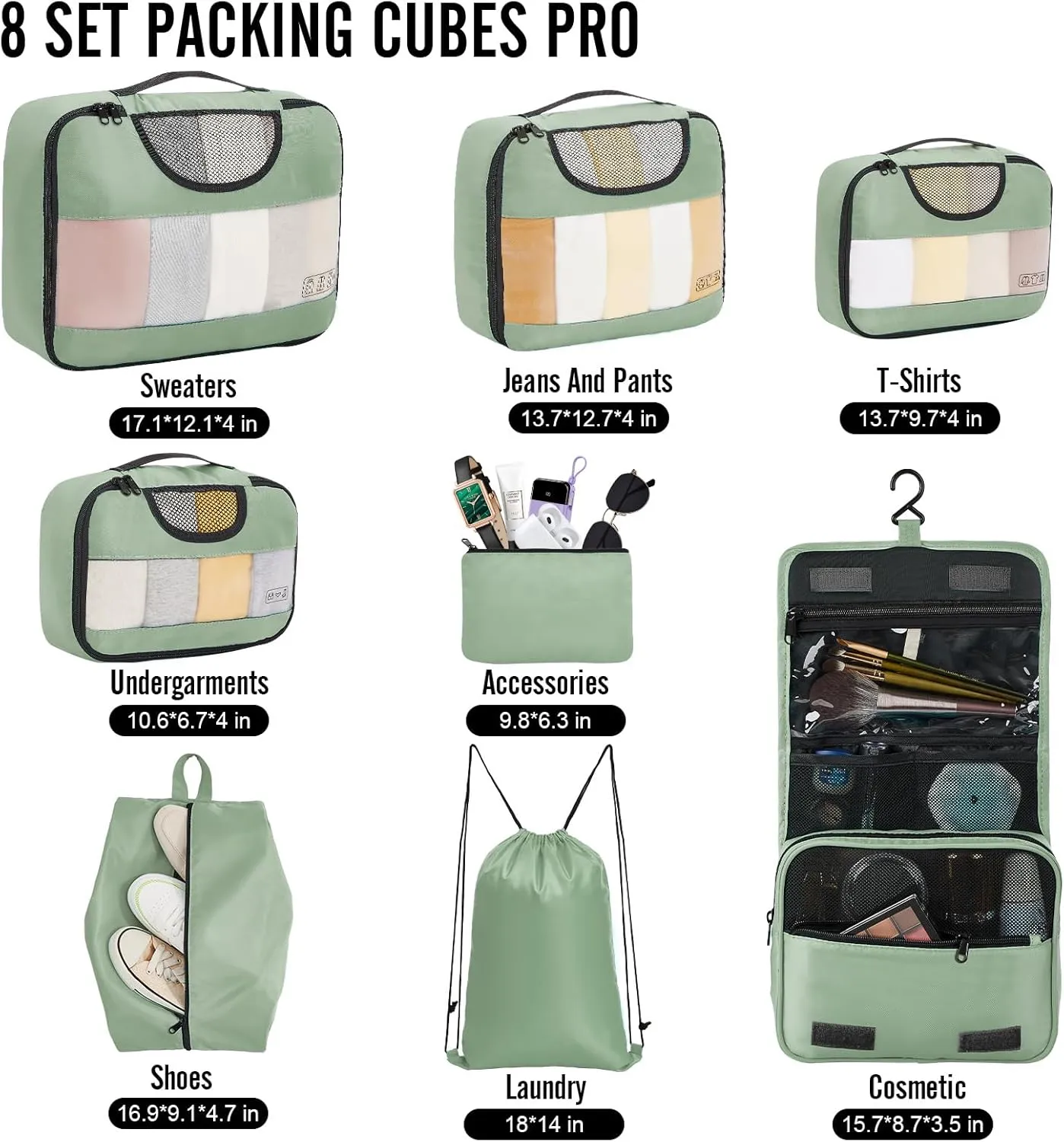 Veken 8 Set Packing Cubes for Travel Essentials, Suitcase Organizer Bags Set for Luggage, Road Trip Travel Accessories in 4 Sizes (Extra Large, Large, Medium, Small)
