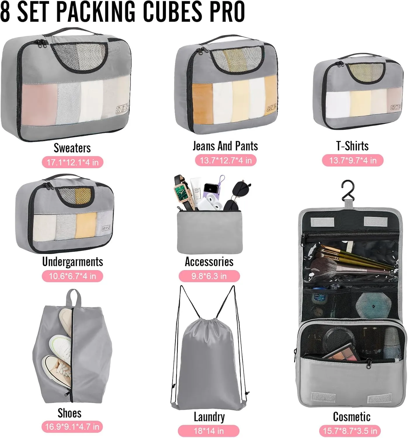 Veken 8 Set Packing Cubes for Travel Essentials, Suitcase Organizer Bags Set for Luggage, Road Trip Travel Accessories in 4 Sizes (Extra Large, Large, Medium, Small)