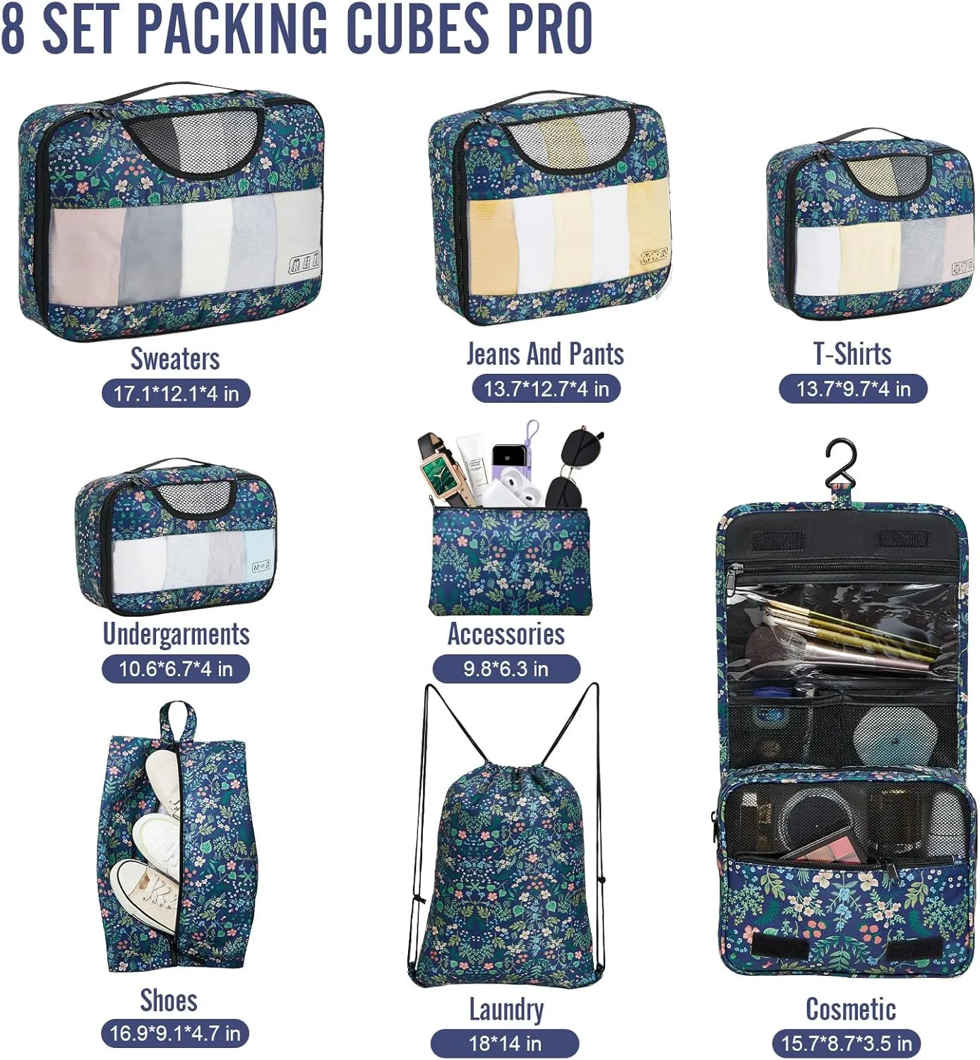 Veken 8 Set Packing Cubes for Travel Essentials, Suitcase Organizer Bags Set for Luggage, Road Trip Travel Accessories in 4 Sizes (Extra Large, Large, Medium, Small)