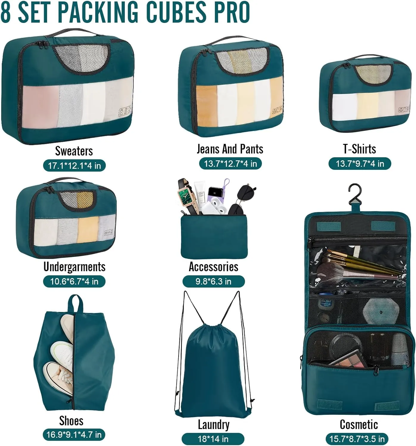 Veken 8 Set Packing Cubes for Travel Essentials, Suitcase Organizer Bags Set for Luggage, Road Trip Travel Accessories in 4 Sizes (Extra Large, Large, Medium, Small)