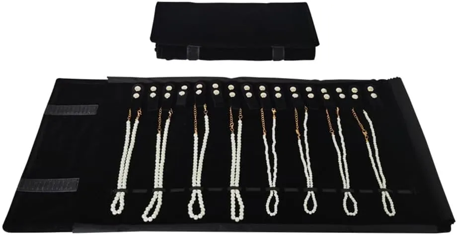 Velet Travel Jewelry Case Roll Bag Organizer for Necklace Bracelet Black Gray Velvet (Black with elastic)