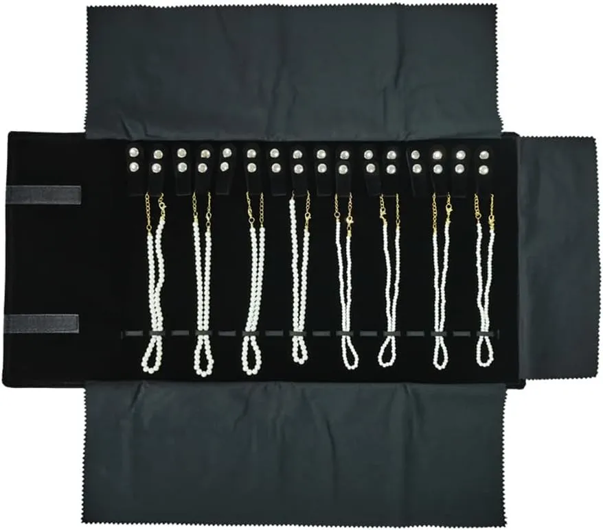 Velet Travel Jewelry Case Roll Bag Organizer for Necklace Bracelet Black Gray Velvet (Black with elastic)