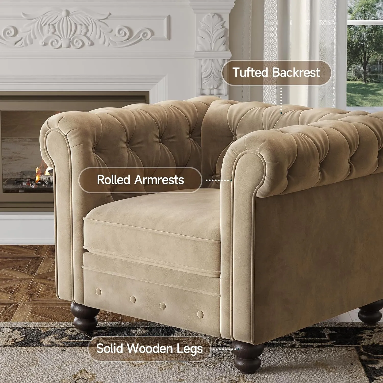 Velvet Armchair, Chesterfield Chair for Living Room, Tufted Accent Chair with Throw Pillow, Comfy Rolled Arm Club Chair, Springs Cushions & Wood Legs, Single Sofa for Apartment, Taupe