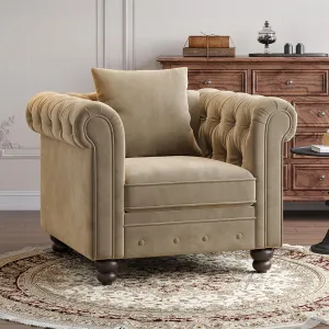 Velvet Armchair, Chesterfield Chair for Living Room, Tufted Accent Chair with Throw Pillow, Comfy Rolled Arm Club Chair, Springs Cushions & Wood Legs, Single Sofa for Apartment, Taupe