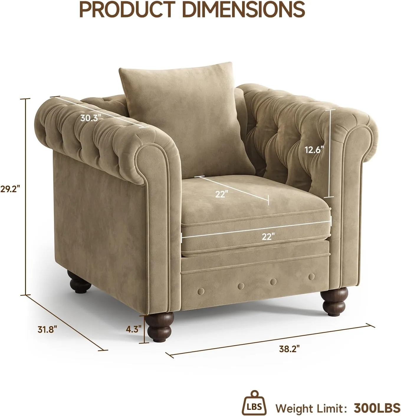 Velvet Armchair, Chesterfield Chair for Living Room, Tufted Accent Chair with Throw Pillow, Comfy Rolled Arm Club Chair, Springs Cushions & Wood Legs, Single Sofa for Apartment, Taupe