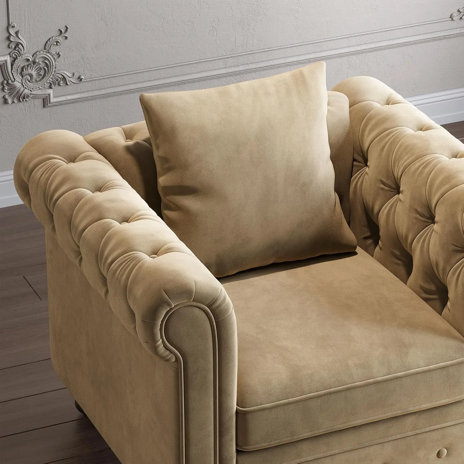 Velvet Armchair, Chesterfield Chair for Living Room, Tufted Accent Chair with Throw Pillow, Comfy Rolled Arm Club Chair, Springs Cushions & Wood Legs, Single Sofa for Apartment, Taupe