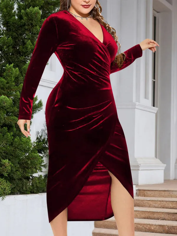 Velvet Bodycon Dress with V-Neck and Wrap Design
