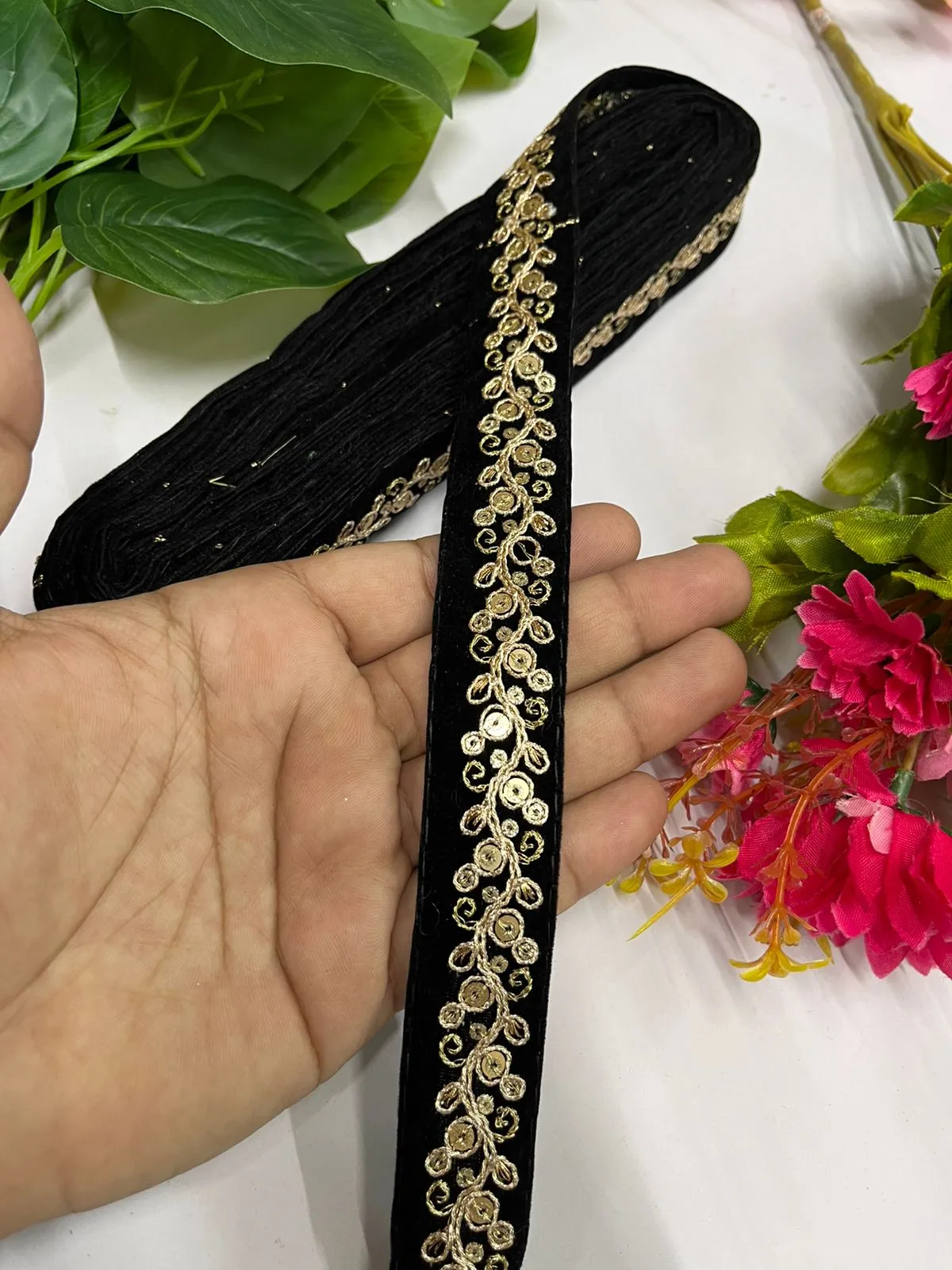Velvet Embroidered Lace Trim | Saree Border, Craft, Velvet Fabric Lace (9 Mtr) | Black