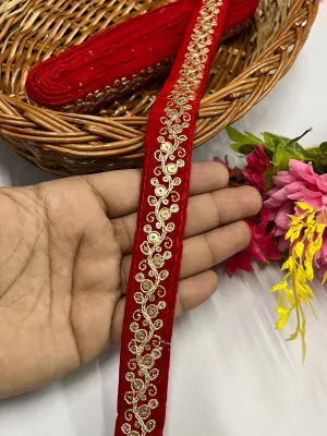 Velvet Embroidered Lace Trim | Saree Border, Craft, Velvet Fabric Lace (9 Mtr) | Red