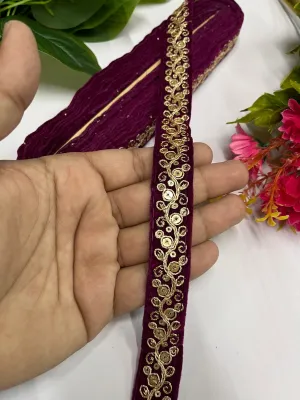 Velvet Embroidered Lace Trim | Saree Border, Craft, Velvet Fabric Lace (9 Mtr) | Wine