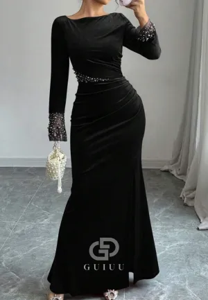 Velvet Pleats Long Sleeves Slit Sequins Evening Dress