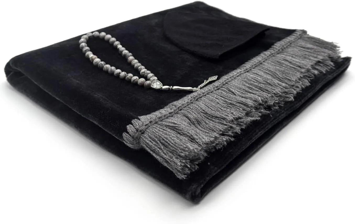 Velvet Prayer Mat Set (Gemstone 33 Prayer Beads - Black Kufi Hat - Elegant Case) - Luxurious Velvet Texture Plain Prayer Rug for Home and Travel - Exquisite Islamic Gifts for Women and Men