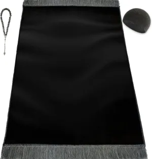 Velvet Prayer Mat Set (Gemstone 33 Prayer Beads - Black Kufi Hat - Elegant Case) - Luxurious Velvet Texture Plain Prayer Rug for Home and Travel - Exquisite Islamic Gifts for Women and Men