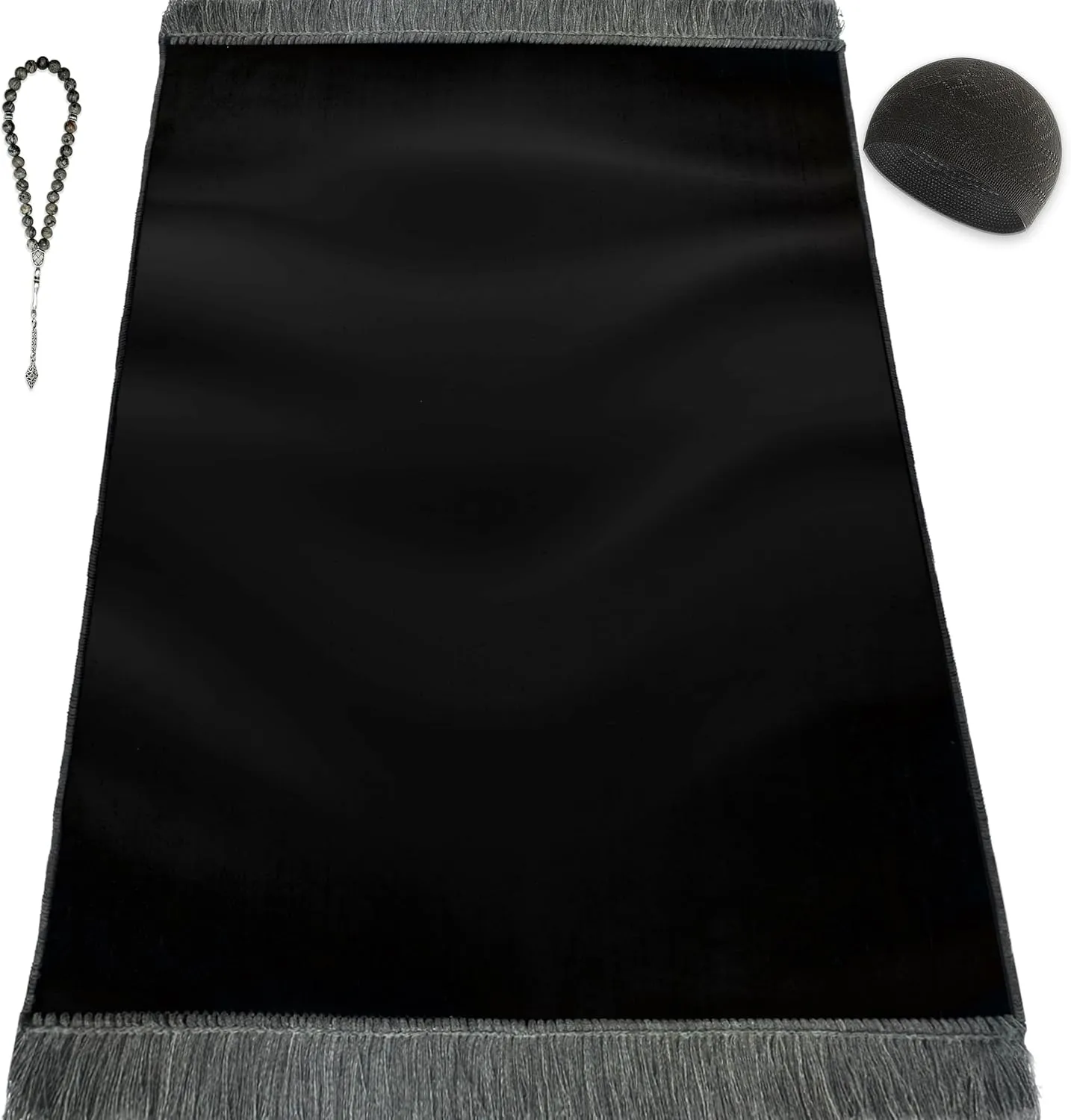 Velvet Prayer Mat Set (Gemstone 33 Prayer Beads - Black Kufi Hat - Elegant Case) - Luxurious Velvet Texture Plain Prayer Rug for Home and Travel - Exquisite Islamic Gifts for Women and Men