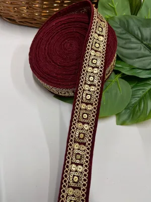 Velvet Saree Lace Trim | Indian Velvet Embroidered Lace Border for Saree and Dupatta (9 Mtr) | Maroon