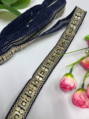 Velvet Saree Lace Trim | Indian Velvet Embroidered Lace Border for Saree and Dupatta (9 Mtr) | Navy Blue