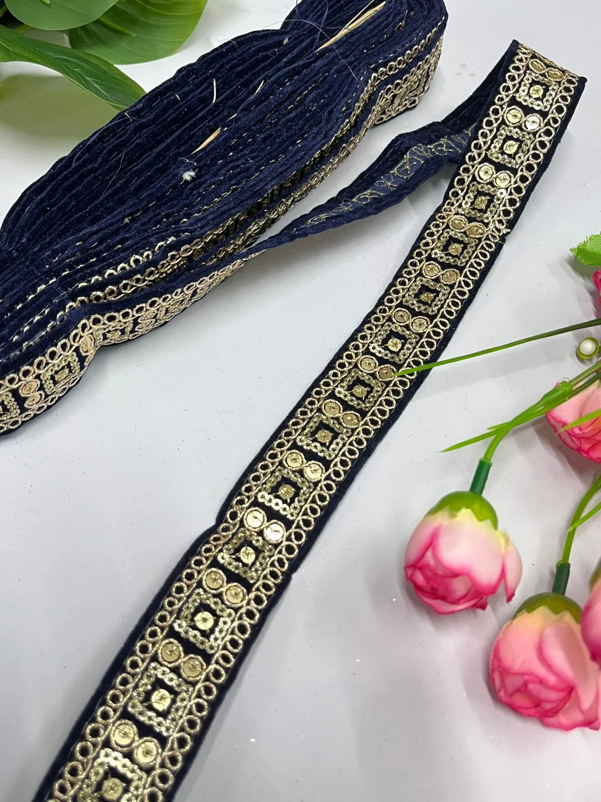Velvet Saree Lace Trim | Indian Velvet Embroidered Lace Border for Saree and Dupatta (9 Mtr) | Navy Blue