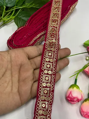 Velvet Saree Lace Trim | Indian Velvet Embroidered Lace Border for Saree and Dupatta (9 Mtr) | Rani Pink