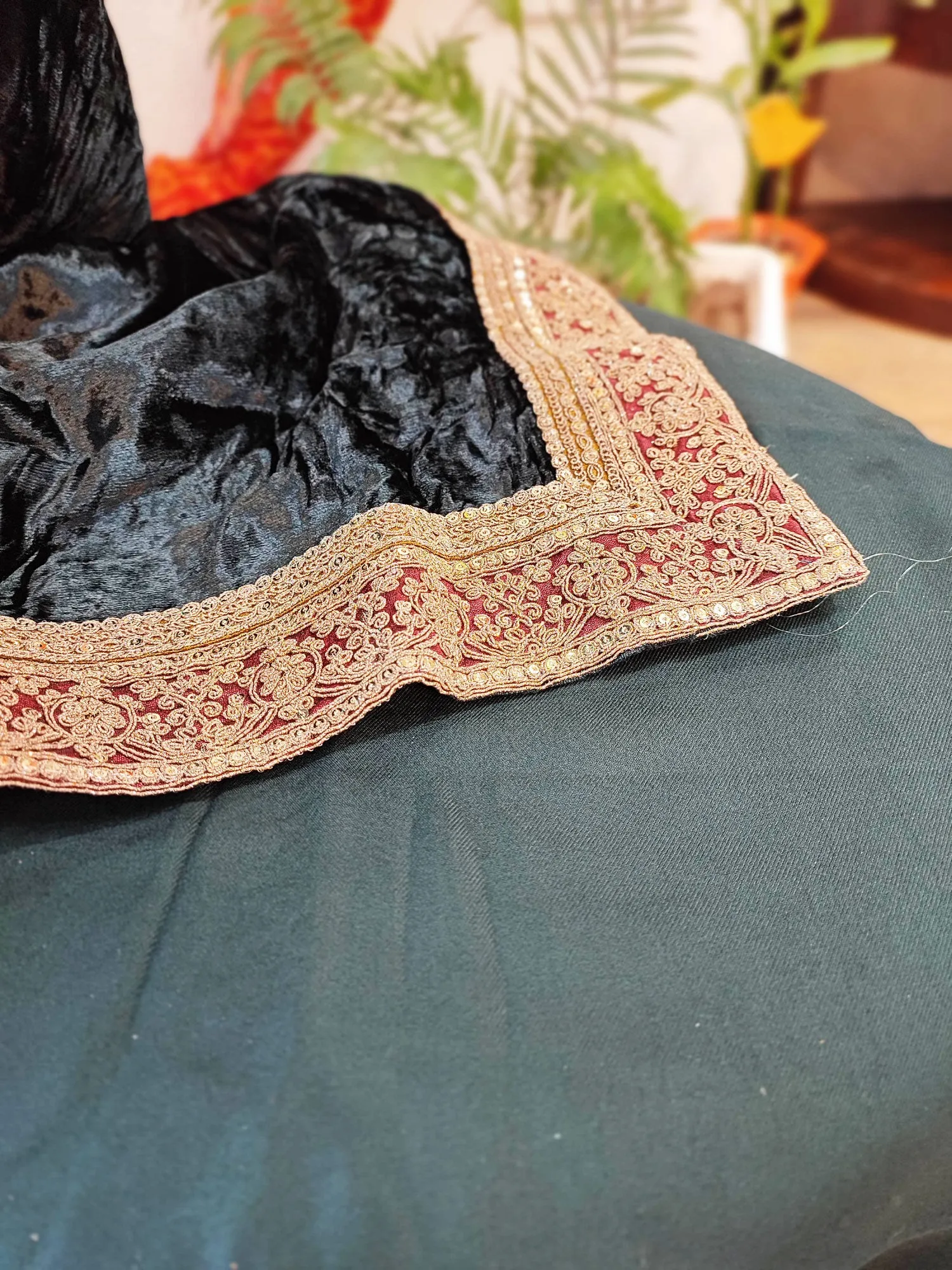 Velvet Suit Set with Exquisite Zari Handwork on Neck and Borders