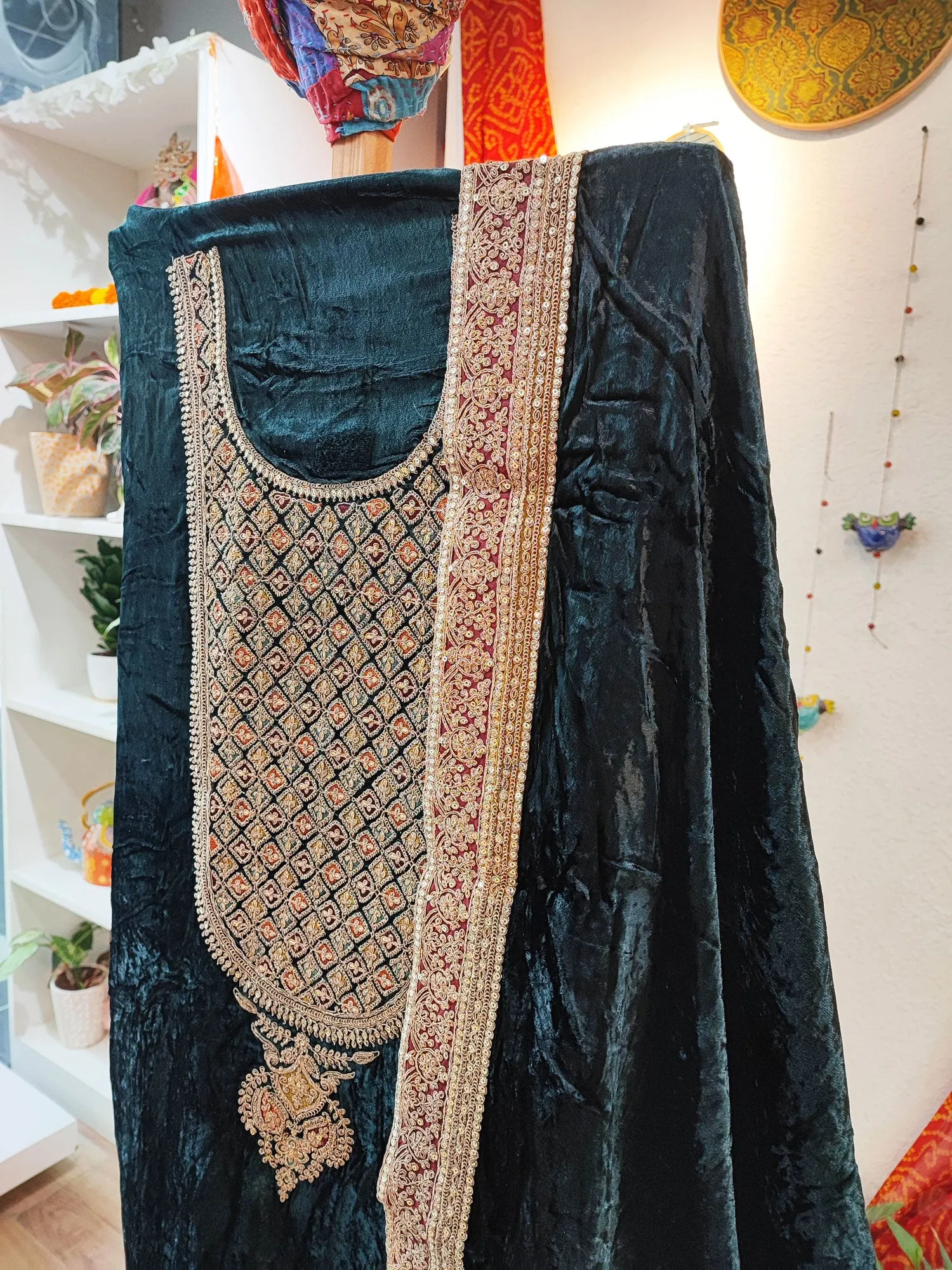 Velvet Suit Set with Exquisite Zari Handwork on Neck and Borders