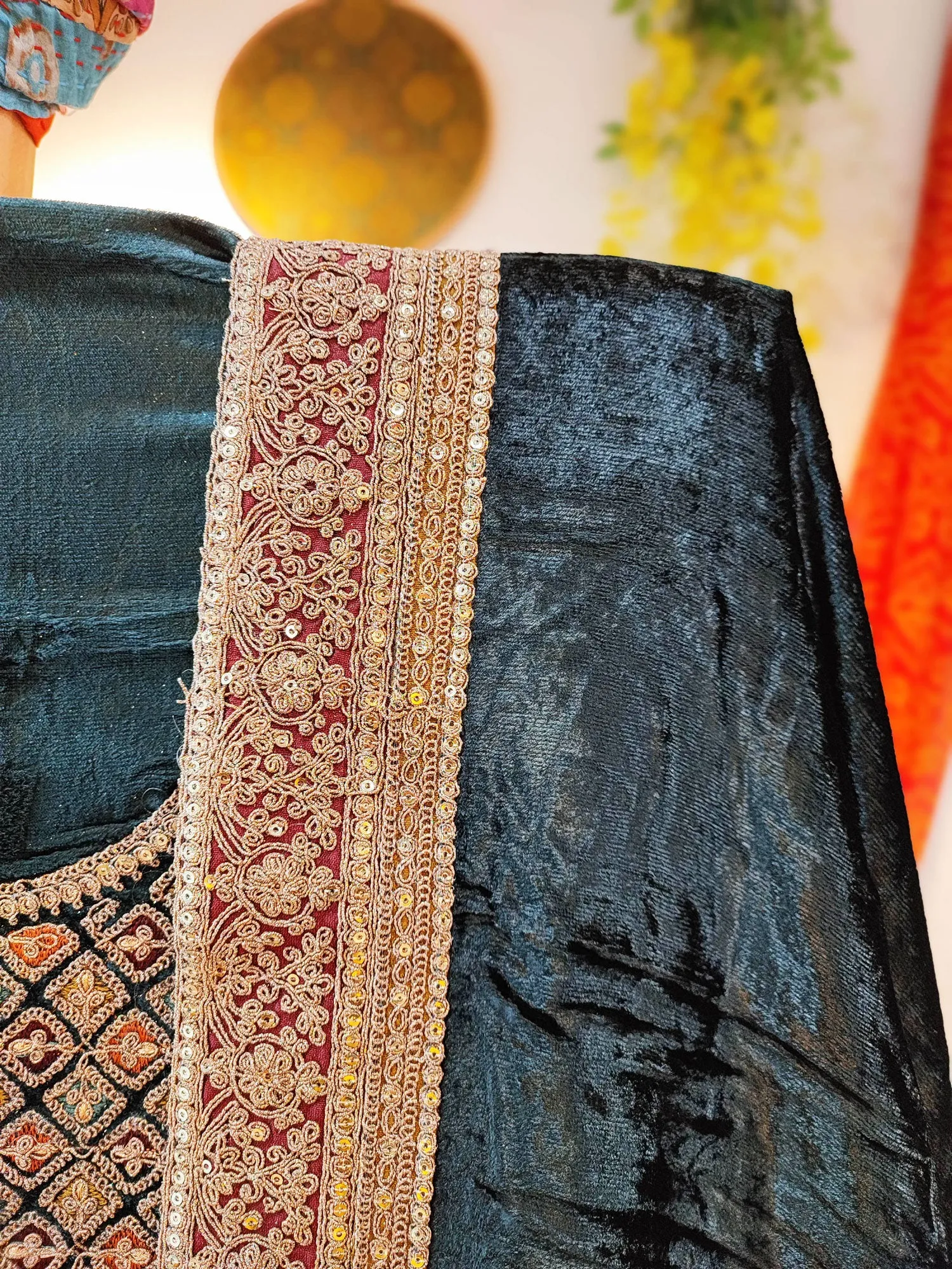 Velvet Suit Set with Exquisite Zari Handwork on Neck and Borders